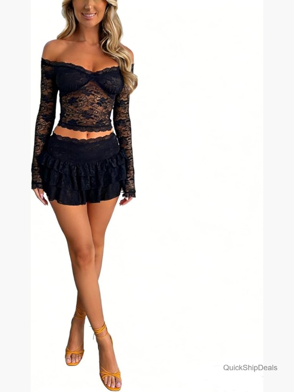Polyester Spandex Lace Crop Top Bodycon Skirt Set